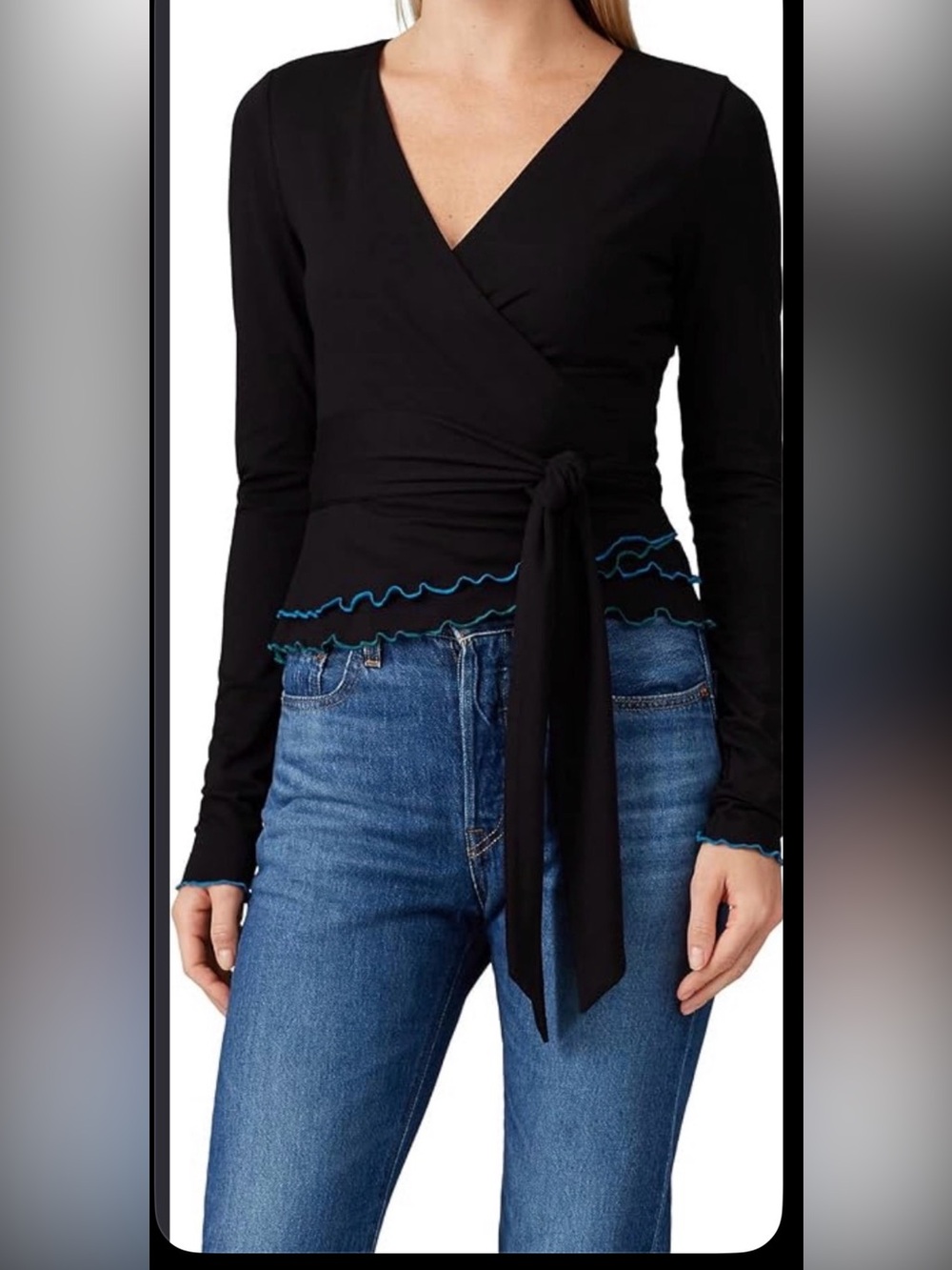 Diane Von Furstenberg Black Wrap Top with Blue Trim